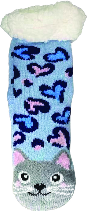 Image Anti-Skid KIDS Socks in Fleece, Cat with Hearts Design - Light Blue